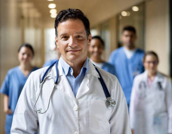 Portrait of a Latin American doctor leading a group of healthcare workers at the hospital and looking at the camera smiling ??? medicine concepts